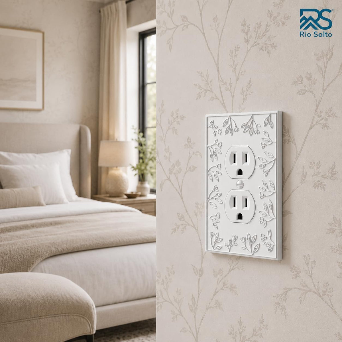 Rio Salto Decorative White Outlet Cover Premium Metal Flower Duplex Receptacle Wall Plate Light Switch Cover Flower