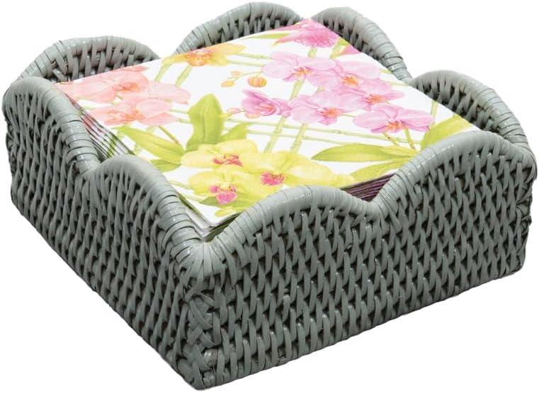 Rattan Scalloped Napkin Holder / Cocktail / Green / 6 Inch