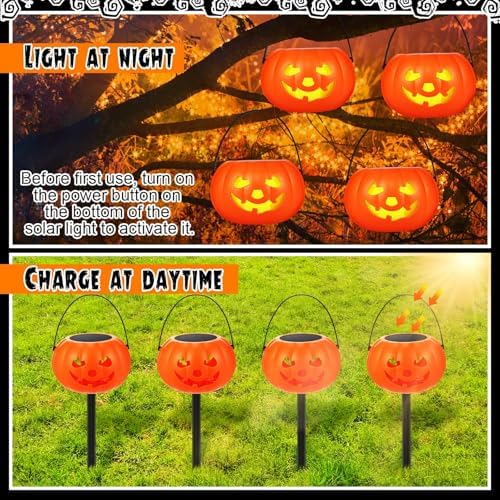 Rossesay 4 Pcs Halloween Pumpkin Pathway Markers Solar Light up Orange Jack O Lantern Stake LED Waterproof Plastic Pumpkin Light for Garden, Balcony, Yard, Lawn, Pathway, Walkway Halloween Decor