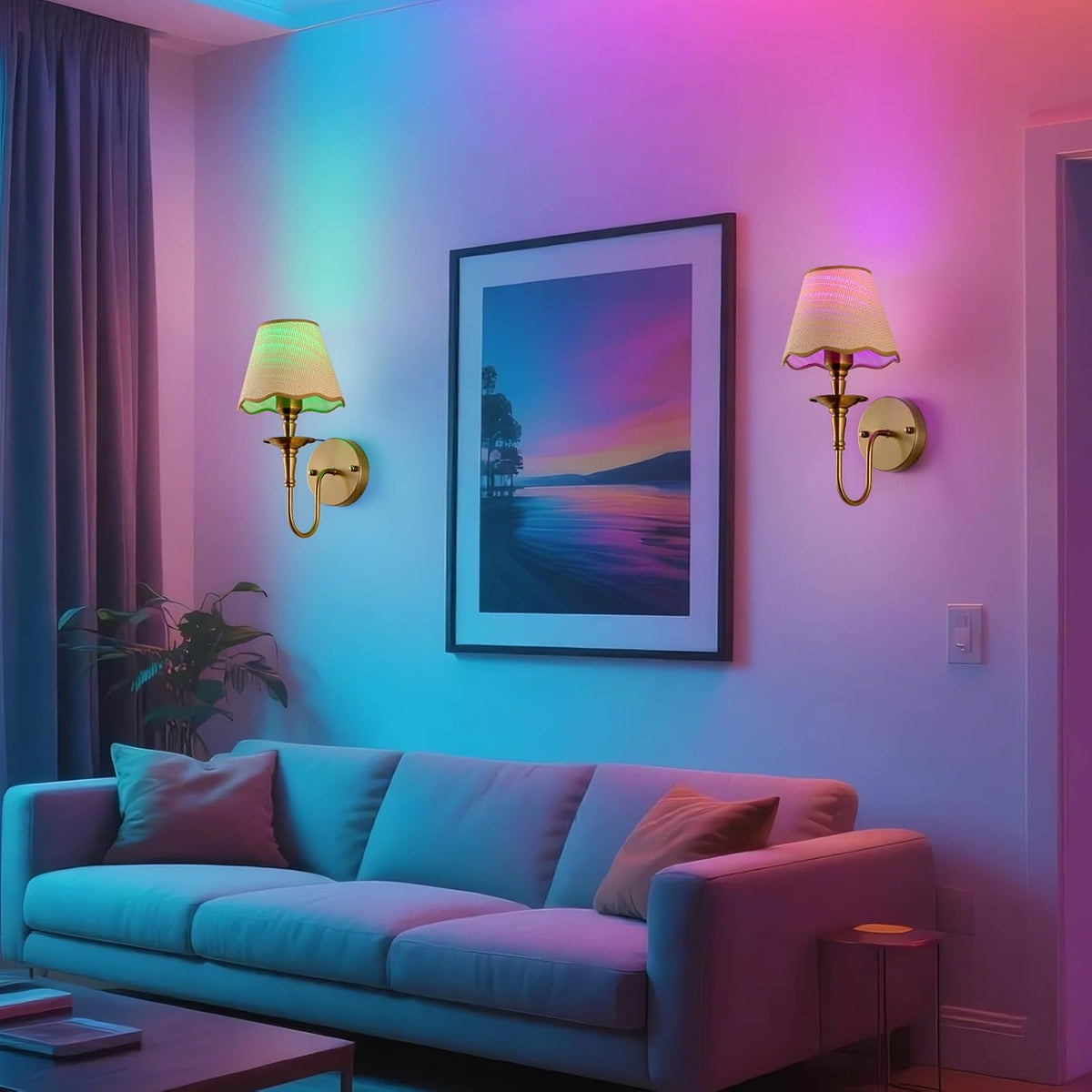 Battery Operated Wall Sconces Set of 2, Rattan Shade Wireless Wall Sconces, RGB Rechargeable Dimmable, Brass-Color
