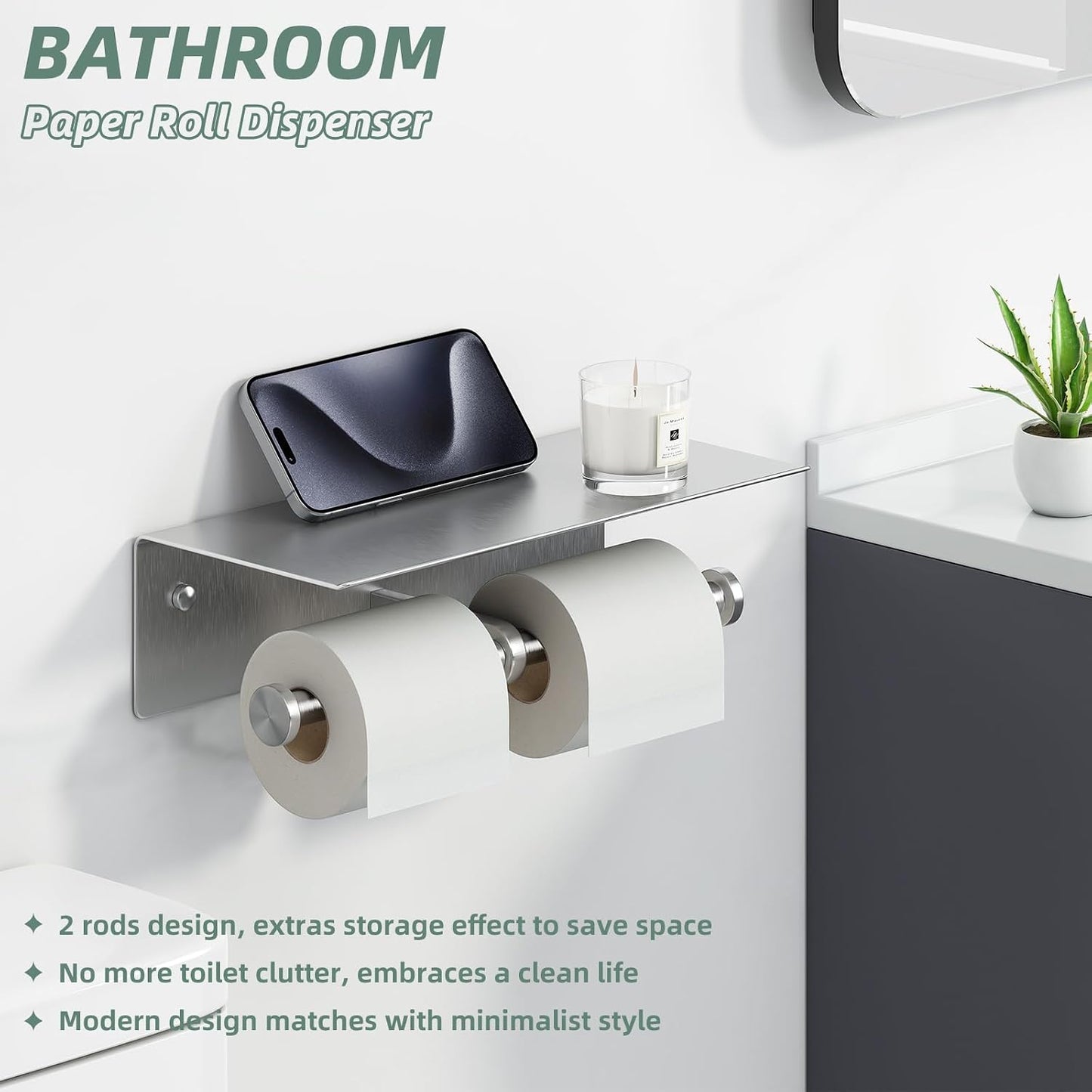 APLusee Brushed Nickel Double Toilet Paper Holder with Shelf, Wall Mounted | 304 Stainless Steel, Rust-resistant for