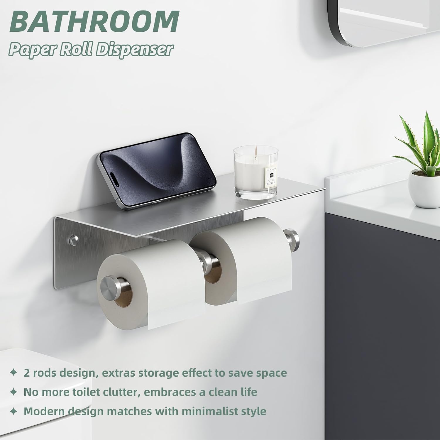APLusee Brushed Nickel Double Toilet Paper Holder with Shelf, Wall Mounted | 304 Stainless Steel, Rust-resistant for