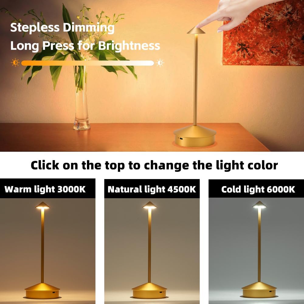 2 Pack Aluminum Cordless Table Lamp, 6000mAh Rechargeable Table Lamps, Portable Touch LED Lamp, Outdoor Waterproof