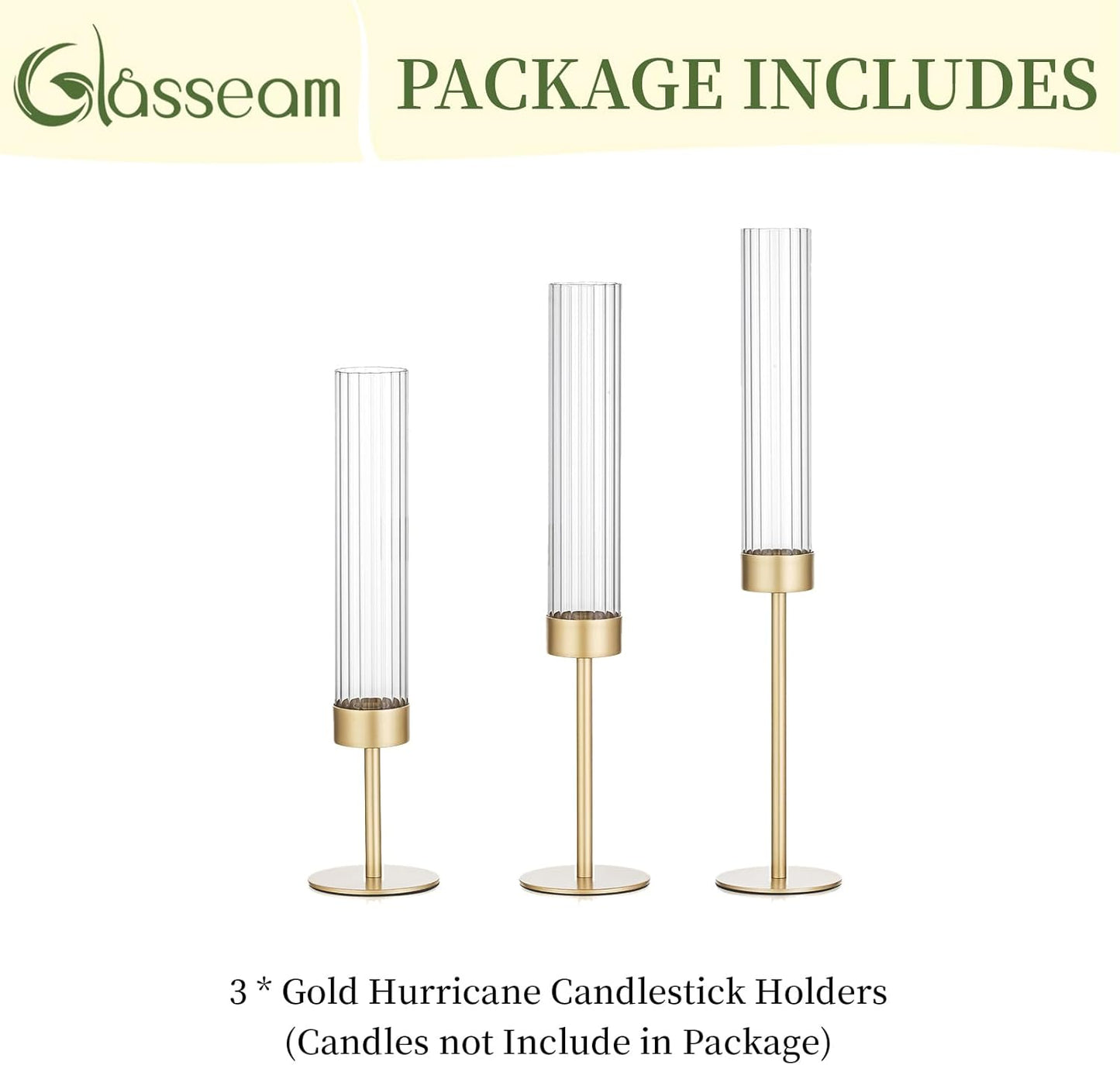 Glasseam Gold Hurricane Taper Candle Holders, 3 Pcs Candlestick with Glass | Ribbed Cylinder Cover, Fluted Shade, Brass