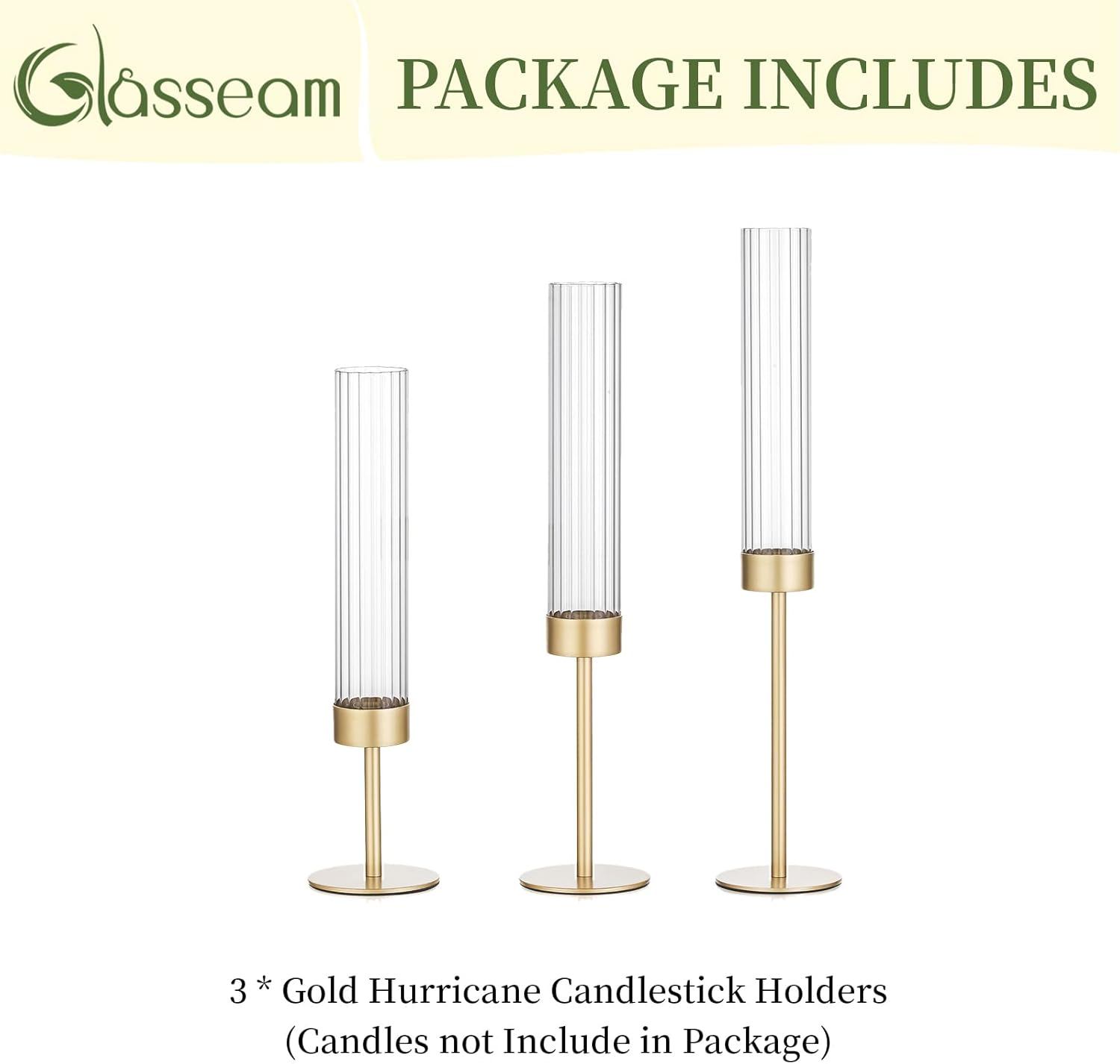 Glasseam Gold Hurricane Taper Candle Holders, 3 Pcs Candlestick with Glass | Ribbed Cylinder Cover, Fluted Shade, Brass