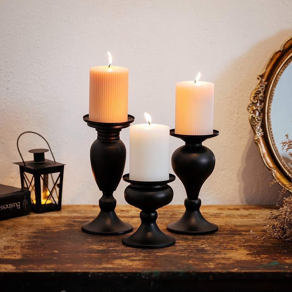 Sziqiqi Metallic Pillar Candleholder Set for Candle Centerpieces, Table Mantel Fireplace Decoration Set of 3