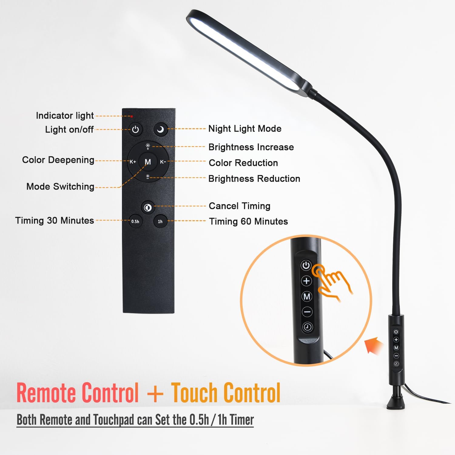 18W 3000LM LED Clamp Desk Lamp | CRI 95 Eye-Caring Light with Remote & Touch Control, 360 Flexible Gooseneck, 3 Color