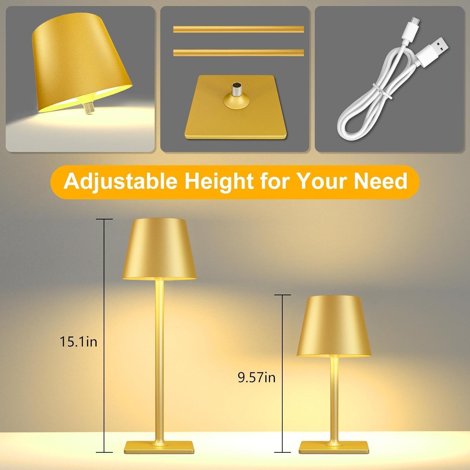 Yogaret Gold Rechargeable Cordless Table Lamp, Battery Operated, 2 Pack | 6000mAh battery lamps waterproof wireless