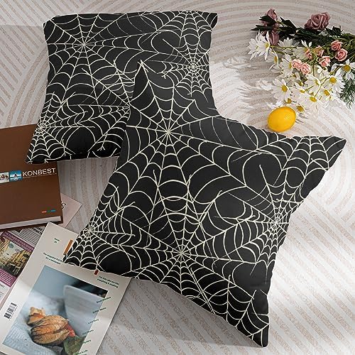 Halloween Spiderweb Pillow Covers 16x16 Set of 2 Black White Spider Web Outdoor Decorative Throw Pillows Halloween Scary Themed Farmhouse Pillowcases Linen Cushion Case Decor for Home Sofa Couch Bed