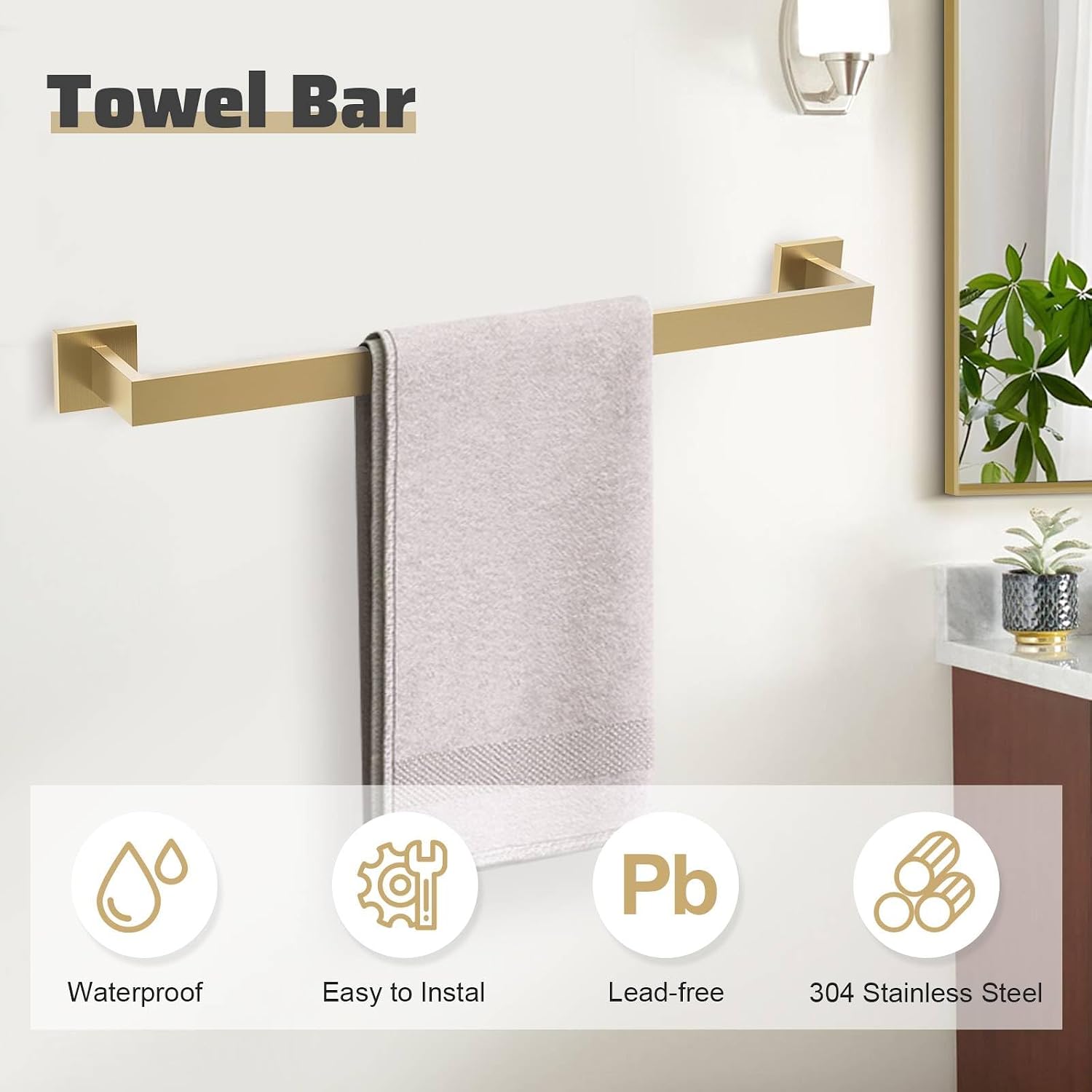 5-Piece Towel Bar Set Brushed Gold Bathroom Hardware Accessories Set Includes Upgraded Double Base Toilet Paper
