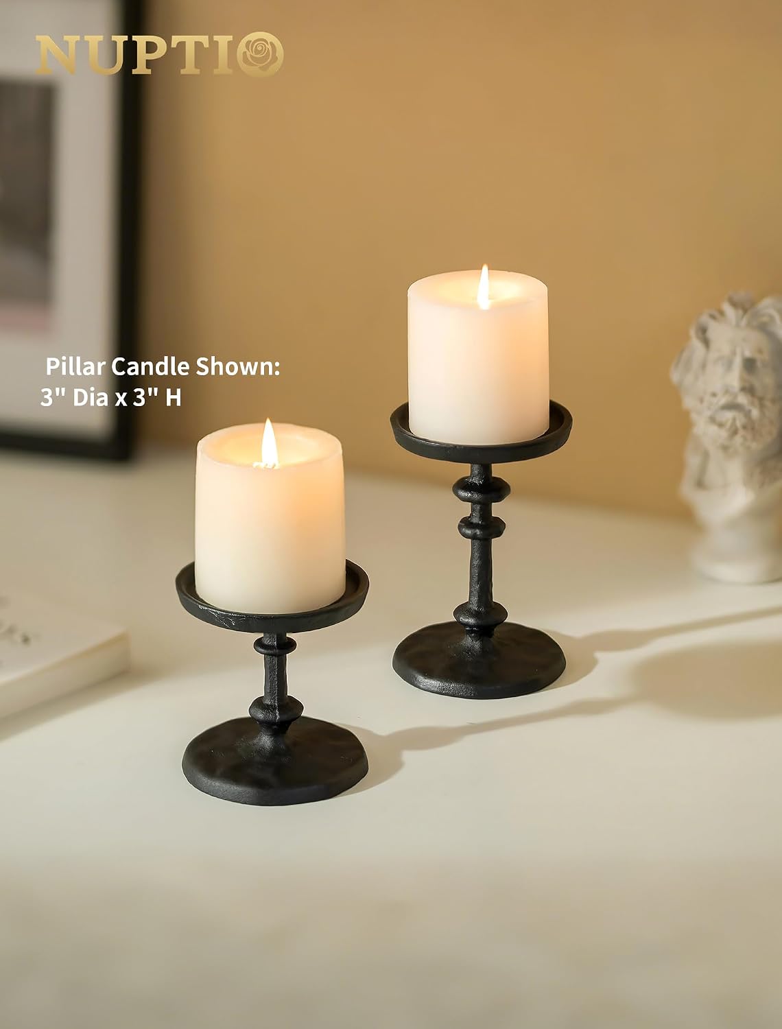 NUPTIO Pillar Candle Holder Black: Solid Cast Iron Candle Stand | Hammered Candleholder for 3 Inch Pillars Heavy