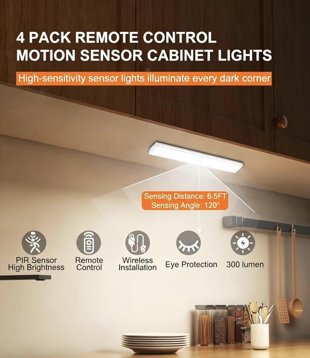 Under Cabinet Lights Wireless, 58-LED Rechargeable Motion Sensor Closet Lights with Remote Control, RGB Color Changing