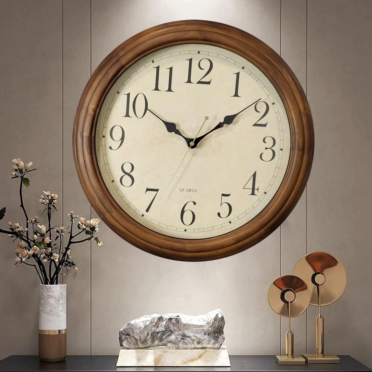 CHIRAY 16-Inch Solid Wood Silent Non-Ticking Decorative Wall Clock with Large Arabic Numerals Battery Operated Analog