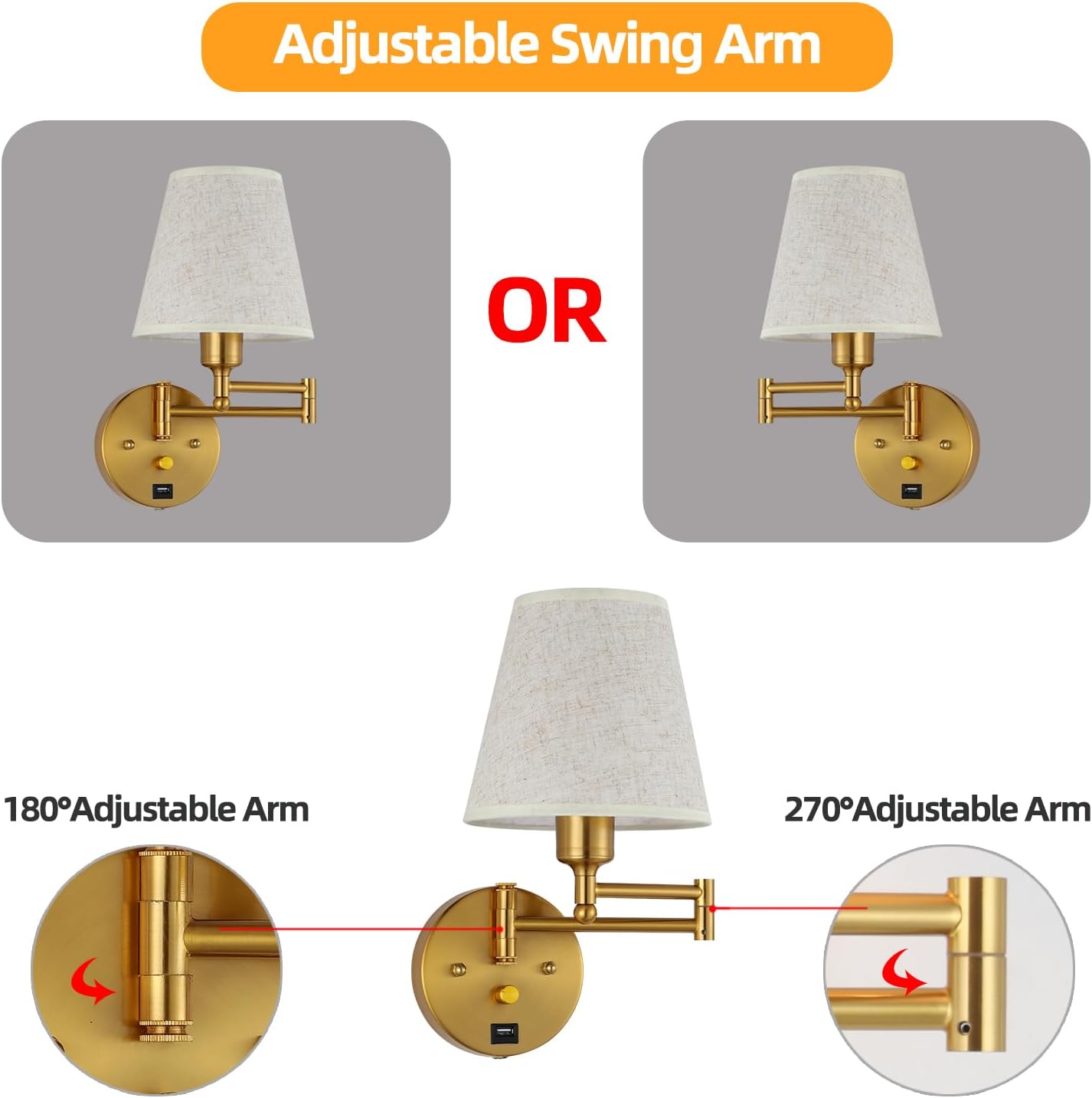 Bedside Wall Mount Light with Dimmable Switch and USB Port, Gold Swing Arm Fabric Shade Wall Sconce Light with Plug in