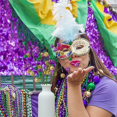Watayo 8 Pack 15" Large Mardi Gras Ball Centerpiece Stems, Mardi Gras Artificial Glitter Berry Stems Ornaments, Shiny Purple Gold Green Berry Branches Twigs Picks Sprays for Carnival Party Home Decor