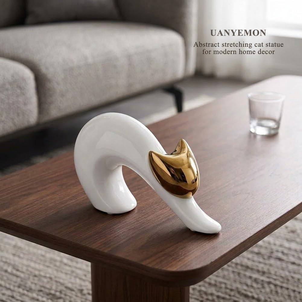 Abstract Stretching Cat Statue for Modern Home Decor / White