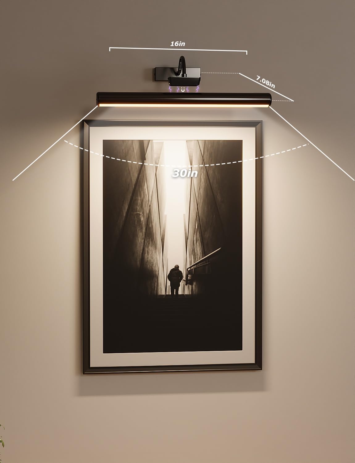 16" Wireless Picture Lights for Wall, Rechargeable Art Light, 2Pack Black | Aluminum Photo Frame Light, Remote & Touch