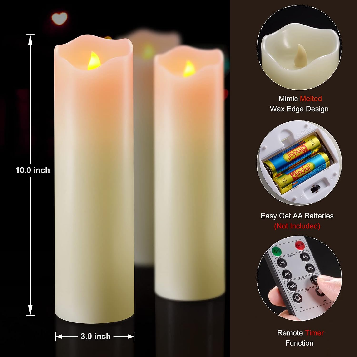 PChero 10" x 3" Flickering Flameless Candles with Remote and Timers | Real Wax, Set of 2, Battery Operated LED Pillar