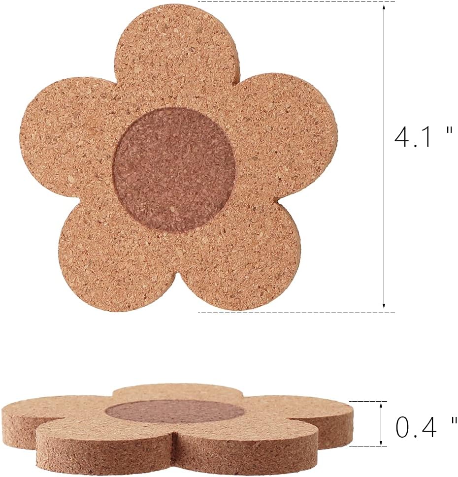 Absorbent and Reusable Coaster Set 100% Cork Flower / Flower Shape/ / Natural / 4 Inch / Set of 12
