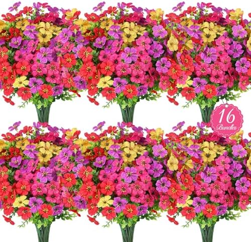 16PCS UV Resistant Artificial Flowers for Outdoors, Mix 4 Colors