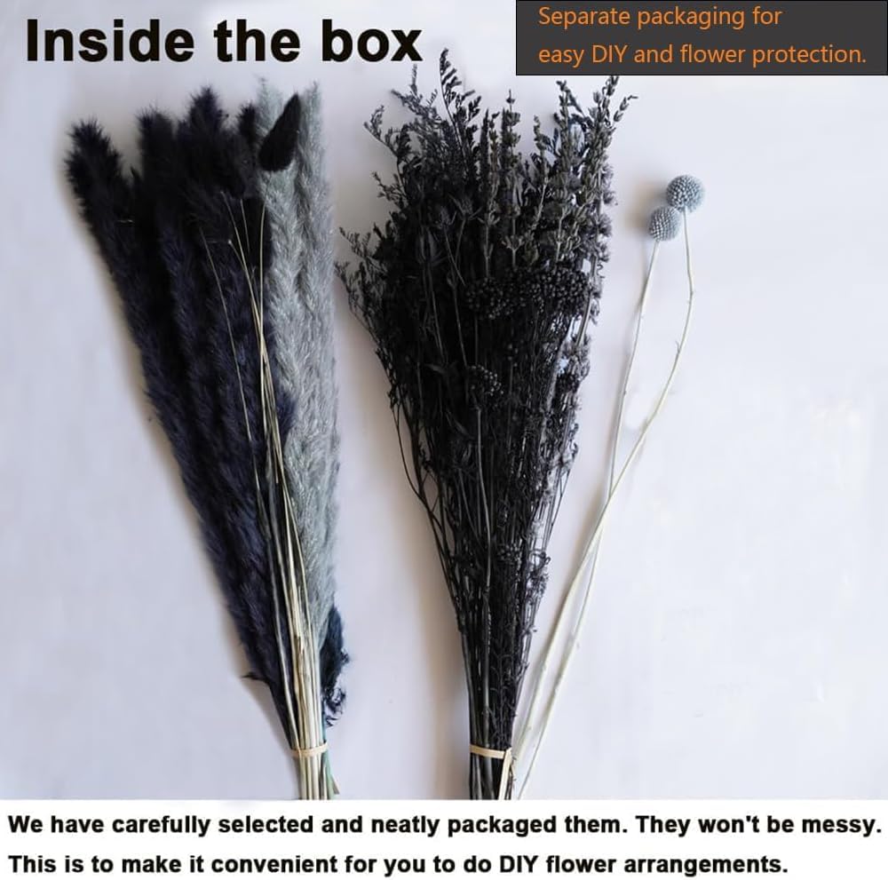 17" Black and Dark Grey Dried Flower Bouquet / Natural / Set of 7