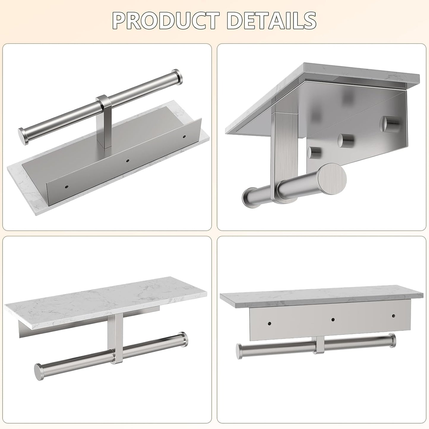Marble Toilet Paper Holder with Shelf Doulble Bathroom Tissue Roll Holder | Brushed Nickel 304 Stainless Steel Toilet