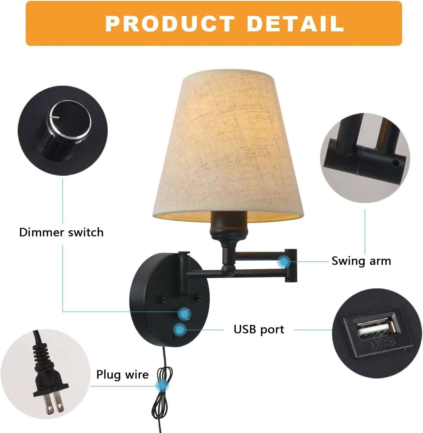 Bedside Wall Mount Light with Dimmable Switch and USB Port, Black Wall Sconce Light with Swing Arm and Plug in Cord