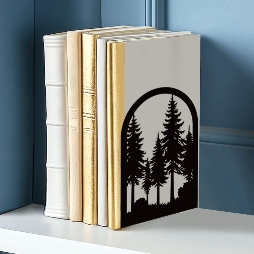 Pine Tree Metal Bookends for Desk / Forest / Black