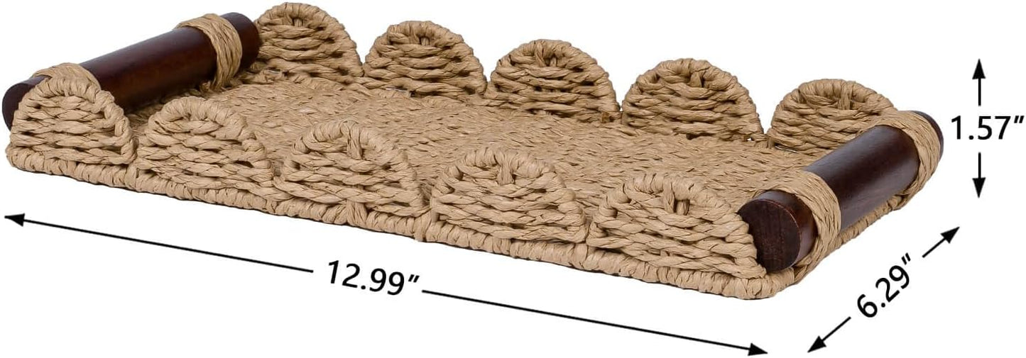 Scalloped Decorative Tray w/Wood Handle for Counter / Neutral / 13 x 6.3 x 1.6