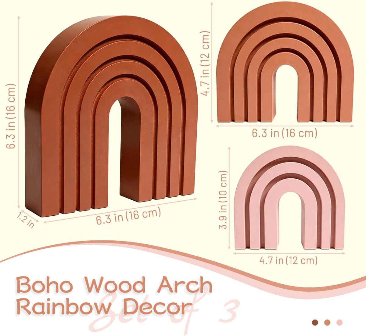 Modern Wooden Rainbow Arch Shelf Table Mantel Bookends / Pink / Set of 3