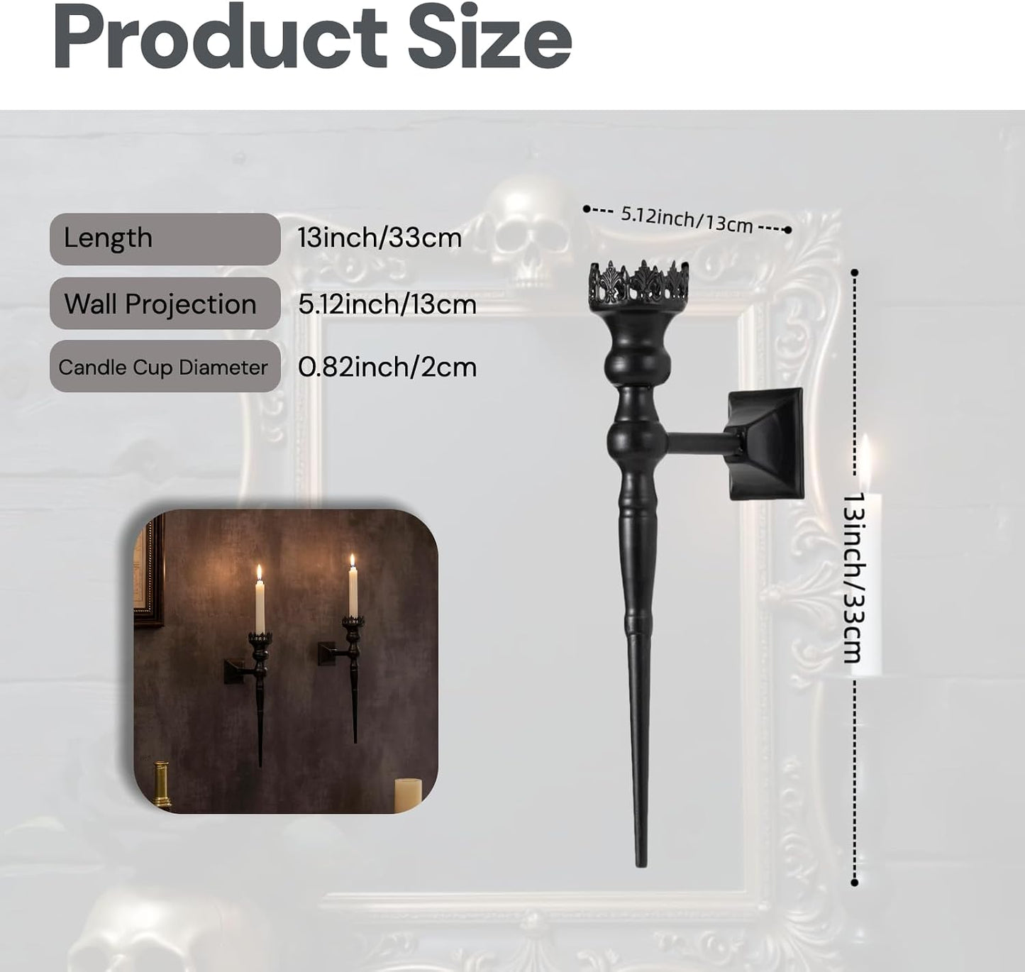 Gothic Wall Sconce Candle Holder for Taper Candles (Set of 2) Black Iron Crown and Scepter Design Victorian Wall Decor