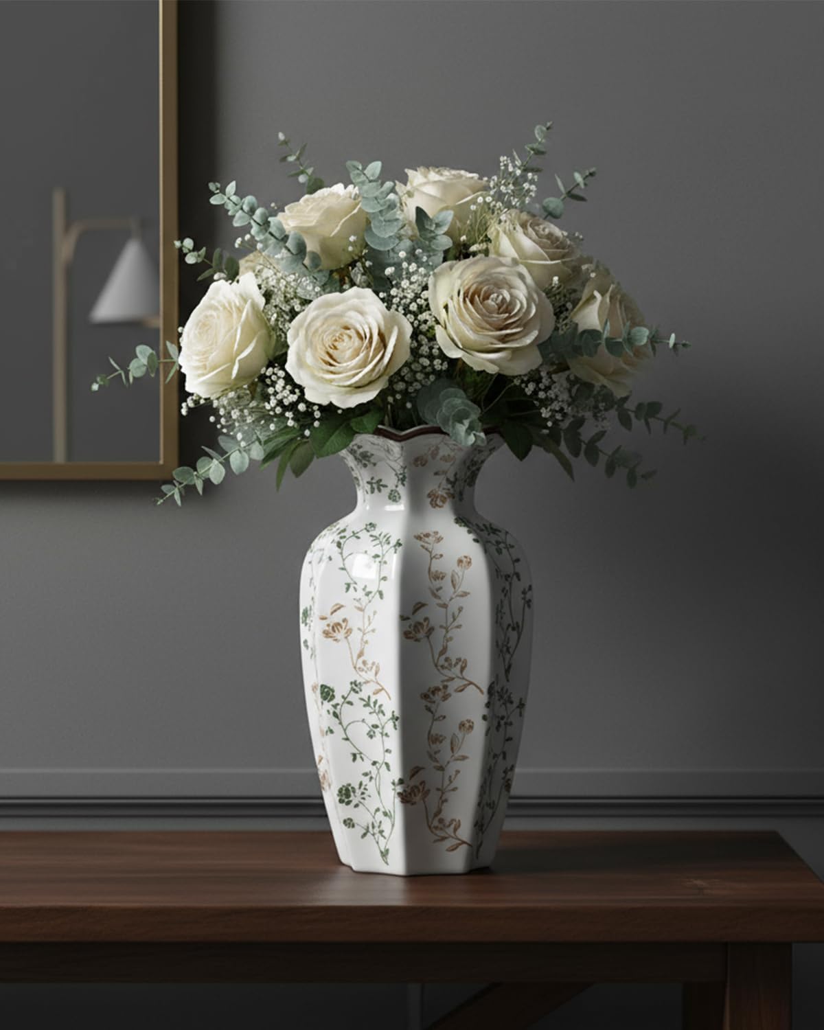 Green Floral Ceramic Vase / Brown and Green / 8.86 Inch