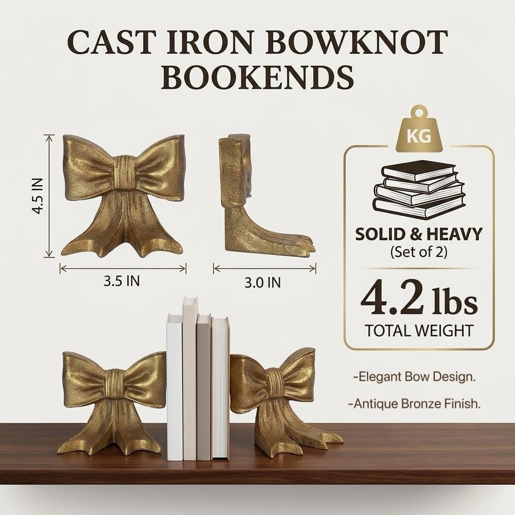 Bow Metal Bookends Heavy Duty Cast Iron Book Ends for Heavy Books Unique Modern / Gold / Set of 2