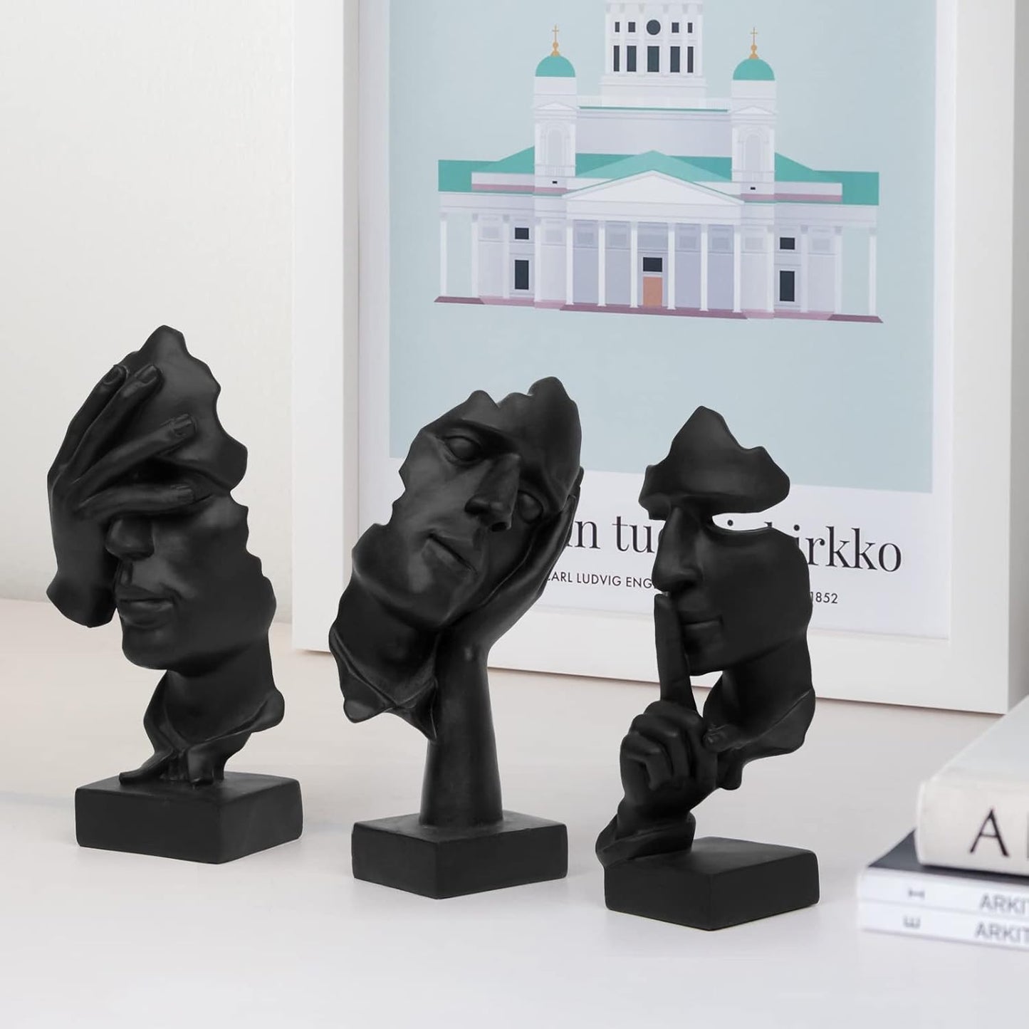 Thinker Statue / Silence is Gold Abstract Art Figurine / Black / Set of 3