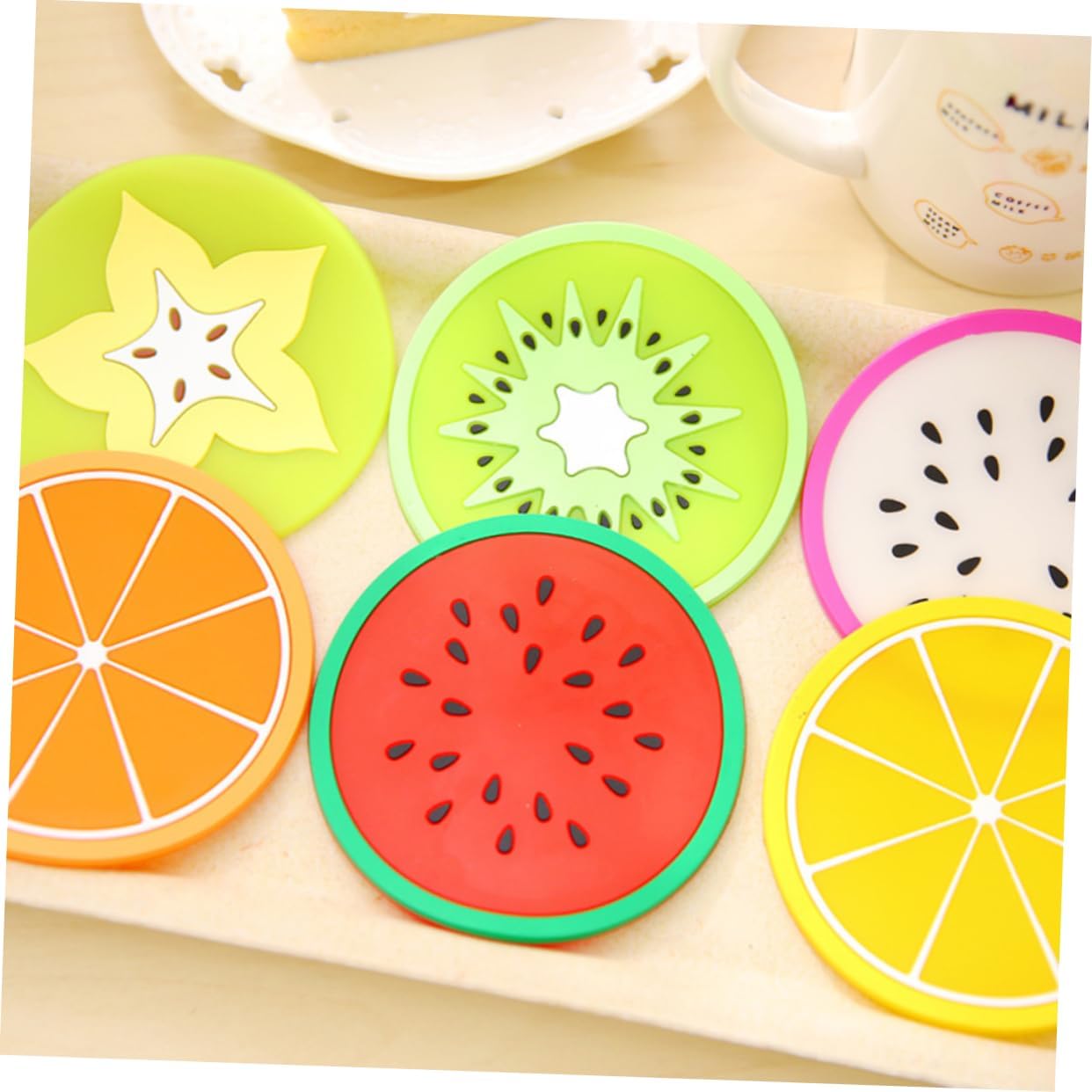 Silicone Fruit Coasters Non-Slip Heat Resistant Round Cup Mats / Set of 7