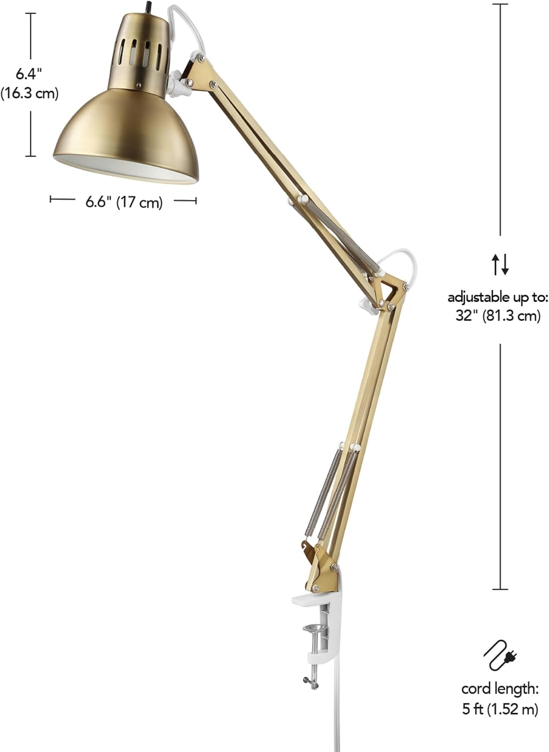 Globe Electric 62000010 32" Multi-Joint Desk Lamp with Metal Clamp, Matte Brass, White Accents, On/Off Rotary Switch on