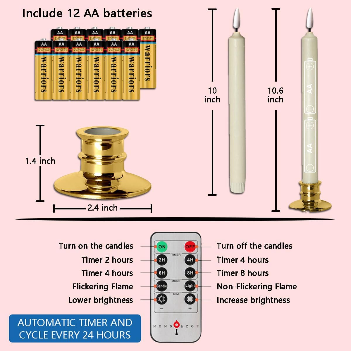 6 Pack Flameless Ivory real Wax Window Candles with 12 AA Batteries(Include, Run More Than 400 Hours) and Golden