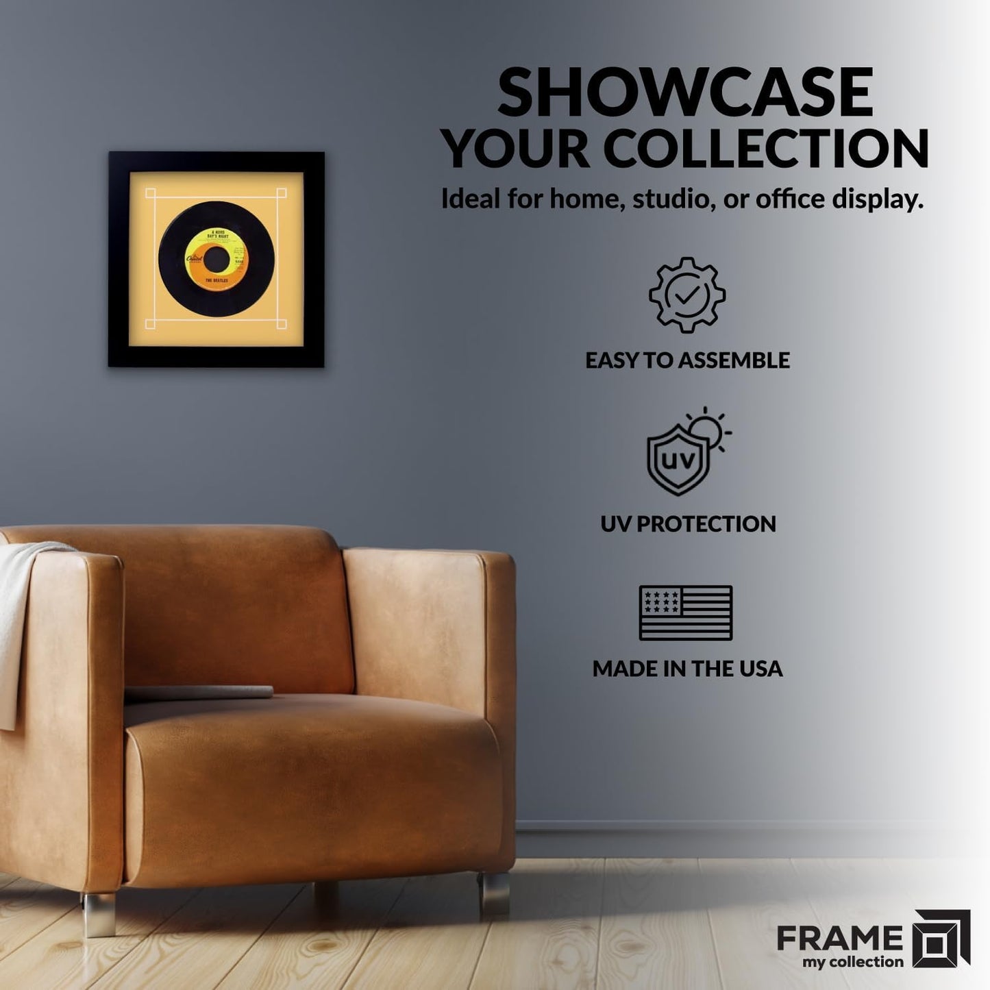 45 RPM Vinyl Record Frame | Wall Mounted Solid Wood Record Display Frame for Single 6 7/8-Inch Vinyl with Yellow Mat