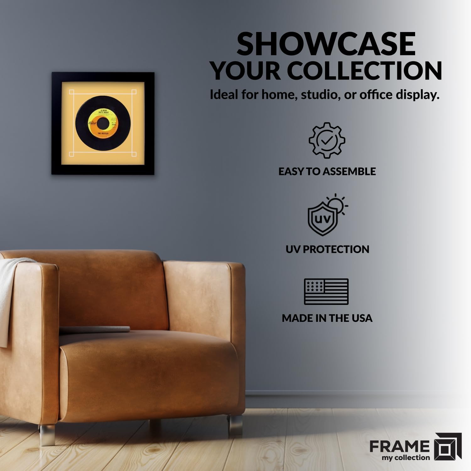 45 RPM Vinyl Record Frame | Wall Mounted Solid Wood Record Display Frame for Single 6 7/8-Inch Vinyl with Yellow Mat