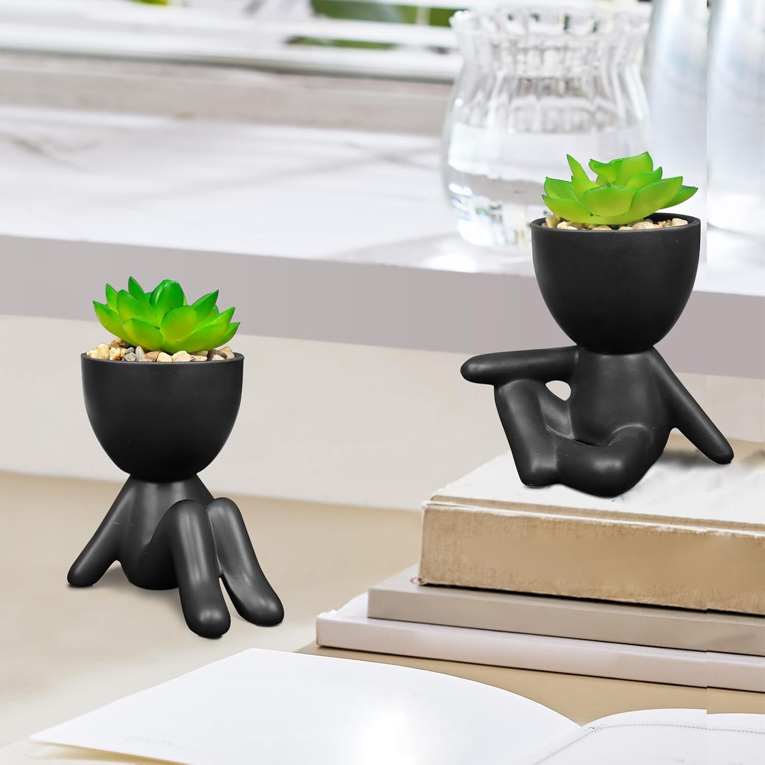 Artificial Succulent Plants in Human Shaped Pots / Black / Set of 4