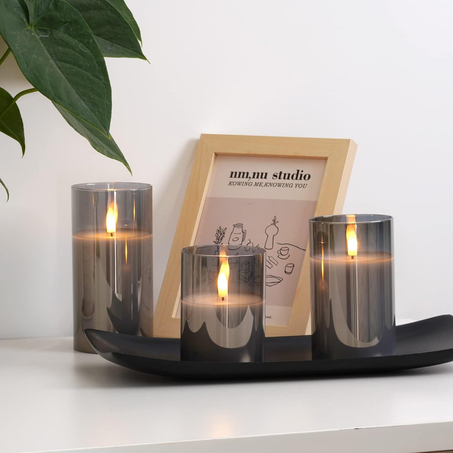 Amagic Gray Glass Flameless LED Candles Battery Operated with Remote Timer | Real Wax Pillar Electric Candle