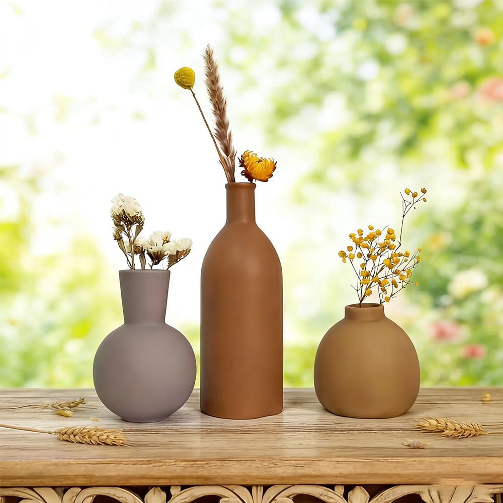 Ceramic Vase / Boho Aesthetic Flower Vases / Brown Mix / Set of 3