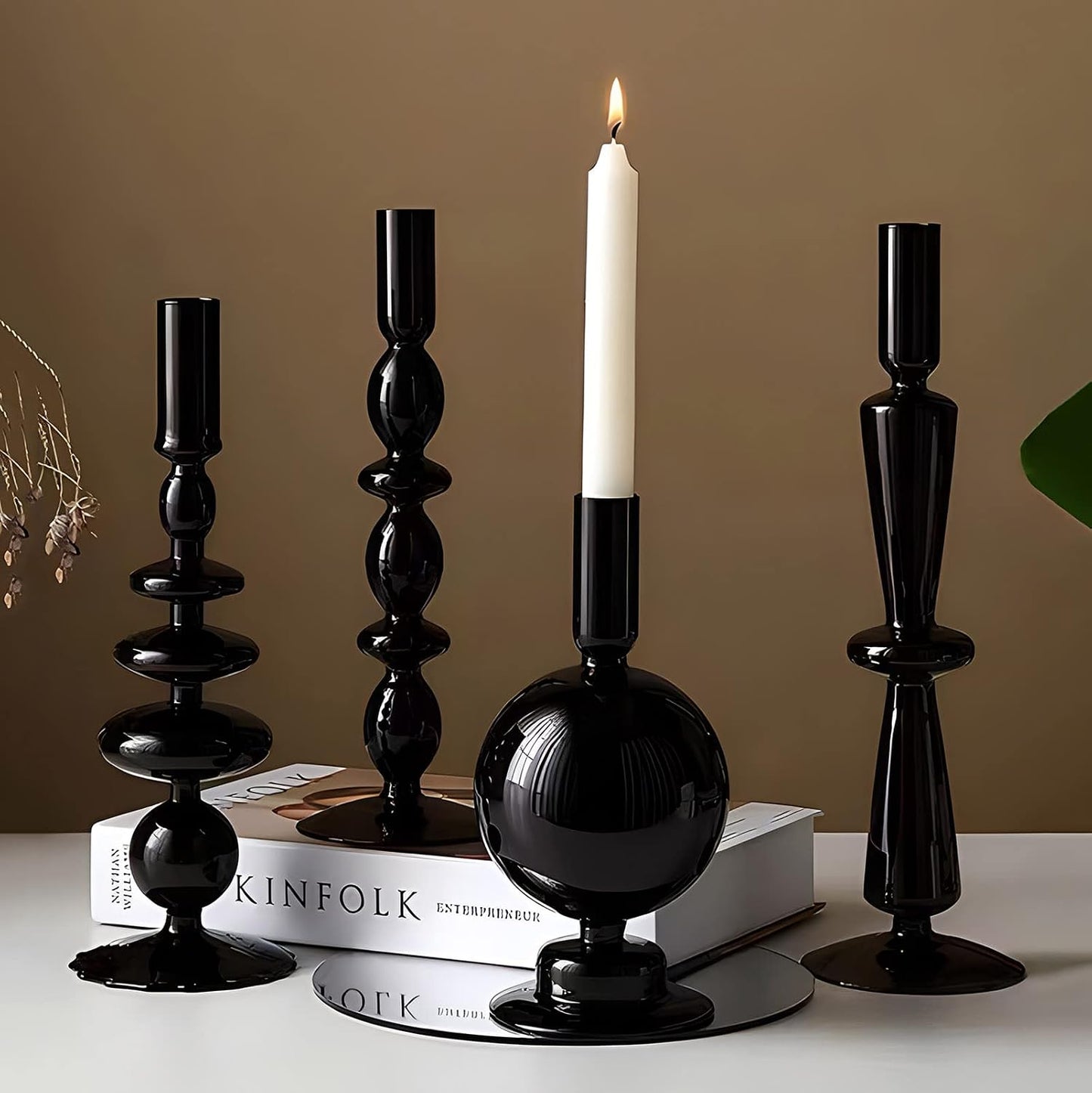 Candle Stick Candle Holder, Glass Candle Holders for Table Centerpiece, Modern Style Black Candle Holder Mixed 4pcs