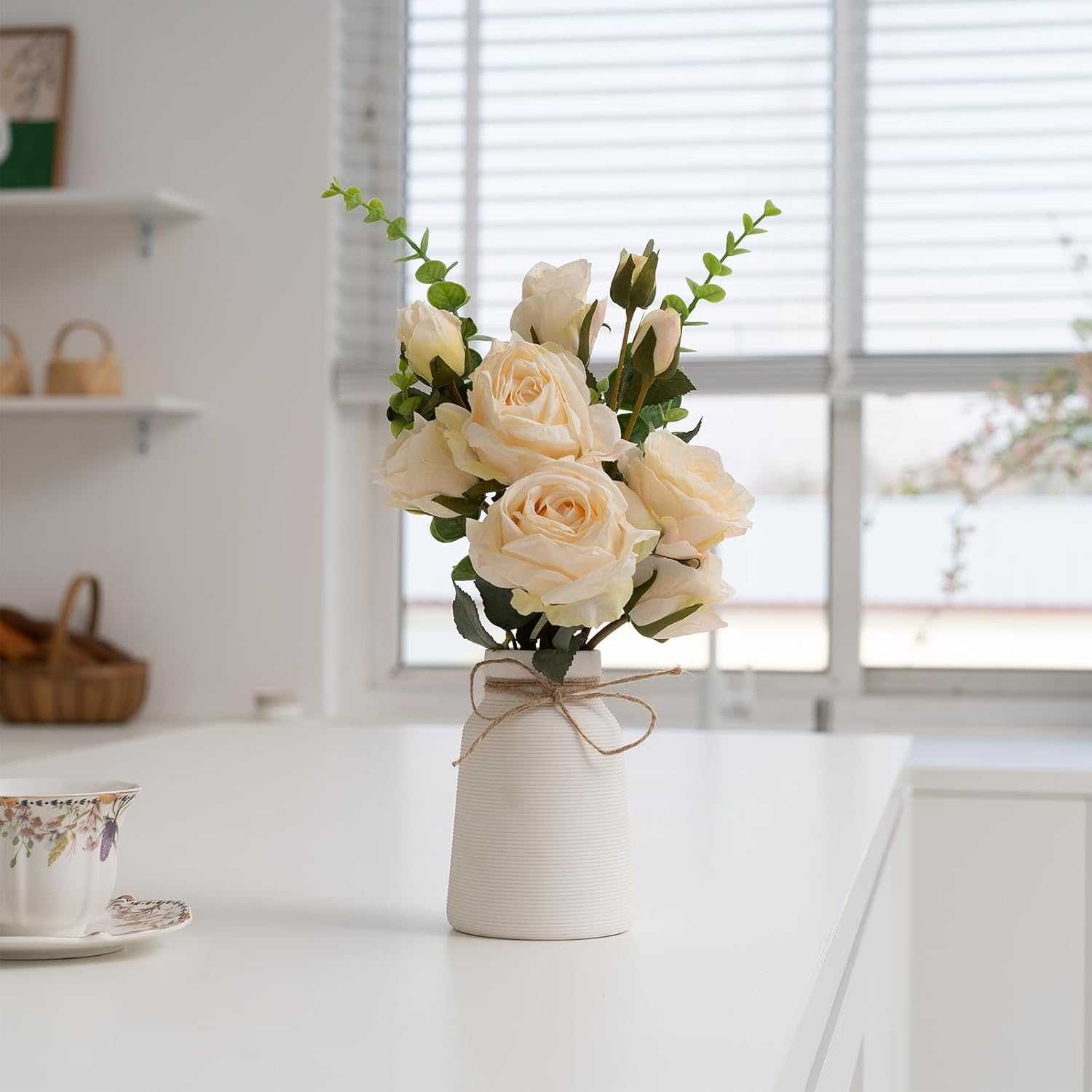 Eucalyptus Stems in Ribbed Texture Ceramic Vase / White
