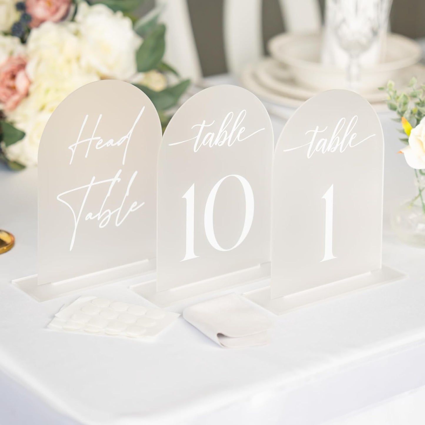 Frosted Arch Acrylic Table Numbers for Wedding Reception - 5" x 7" White Font Centerpiece Set with Holder Stands & Head