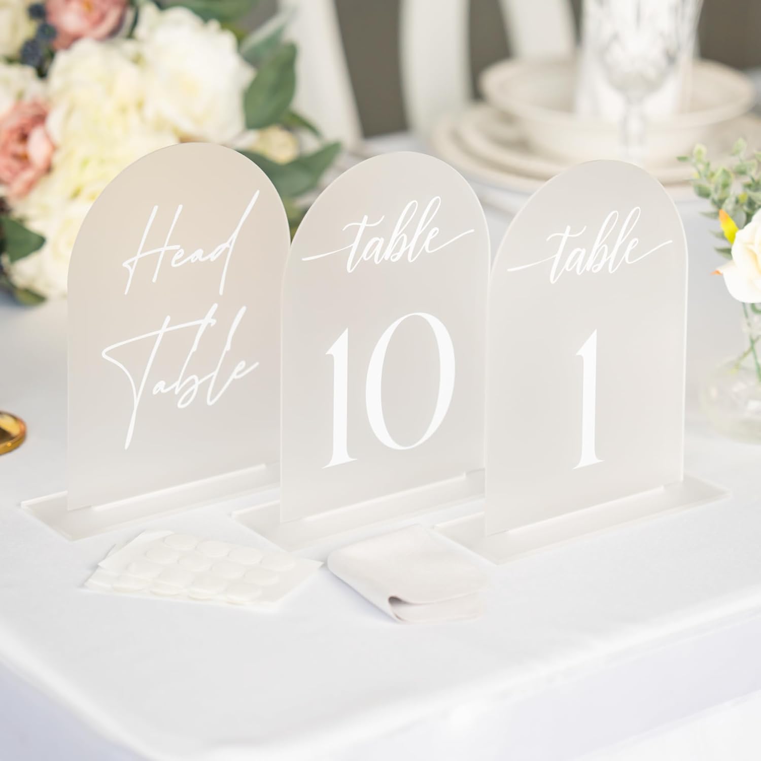 Frosted Arch Acrylic Table Numbers for Wedding Reception - 5" x 7" White Font Centerpiece Set with Holder Stands & Head