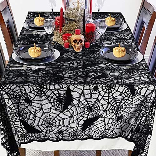 Halloween Tablecloth Rectangular 52" x 70" Cobweb Table Cloth, Black Lace