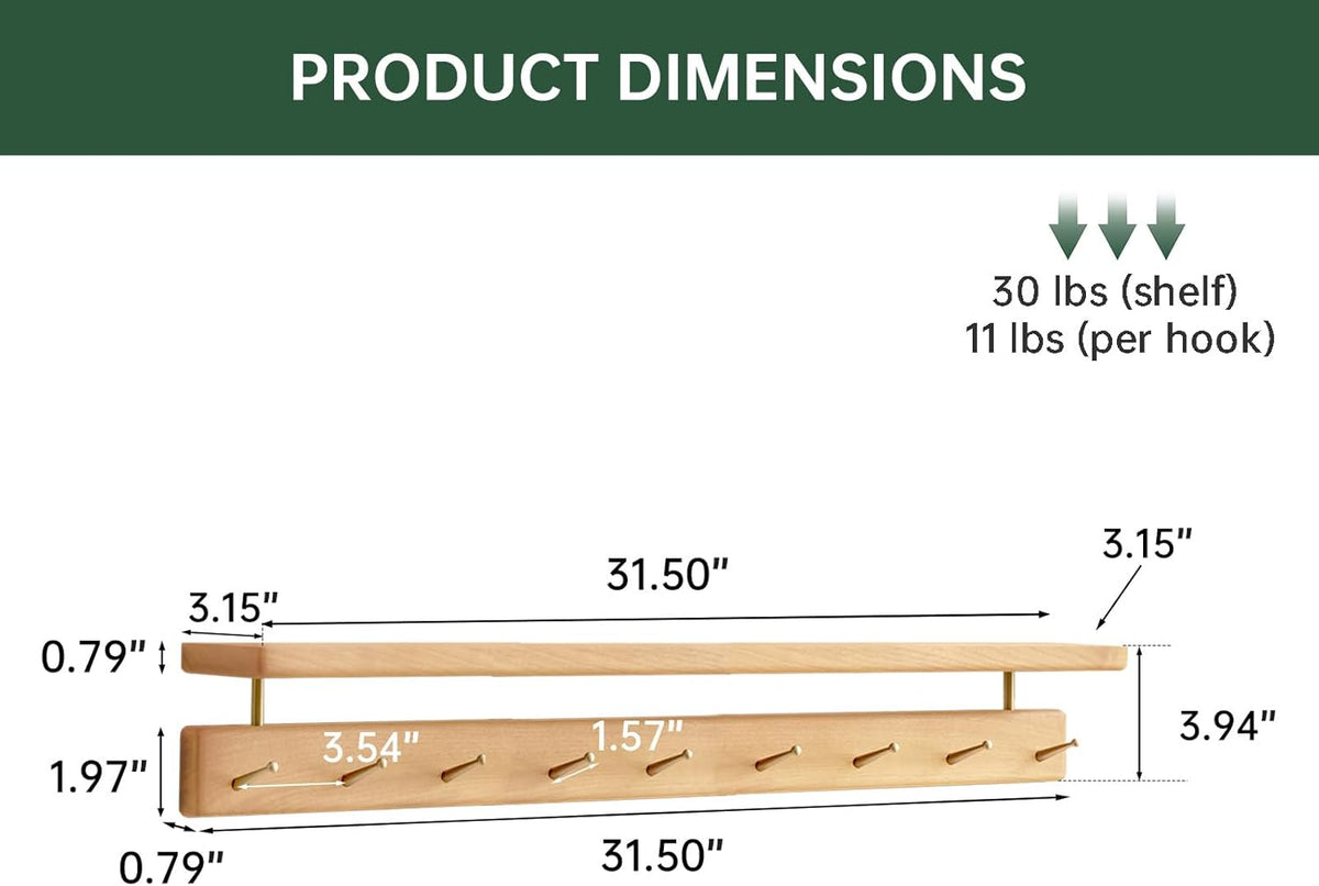 Solid Wood Wall Hooks with Shelf, Coat Rack Wall Mount, Entryway Hanging Shelf with 9 Brass Hooks for Hats, Clothes