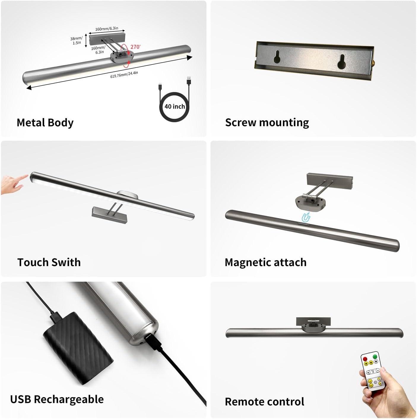 MQOUO 24.4" Wireless Picture Lights, Rechargeable Battery Art Display Light with Remote Control, Dimmable/Timer Off