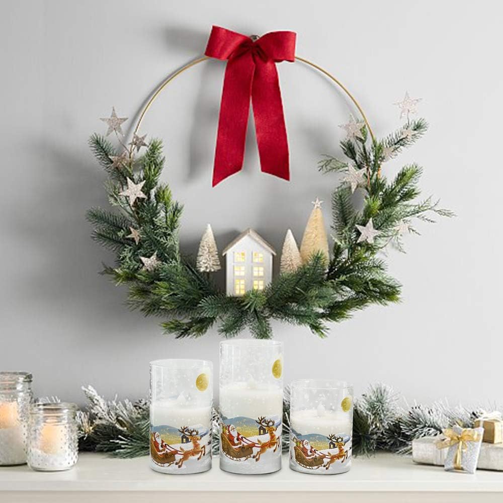 Santa Claus Glass Flameless Candles Battery Operated Remote and Timer Real Wax LED Flickering Pillar Candles White Cold